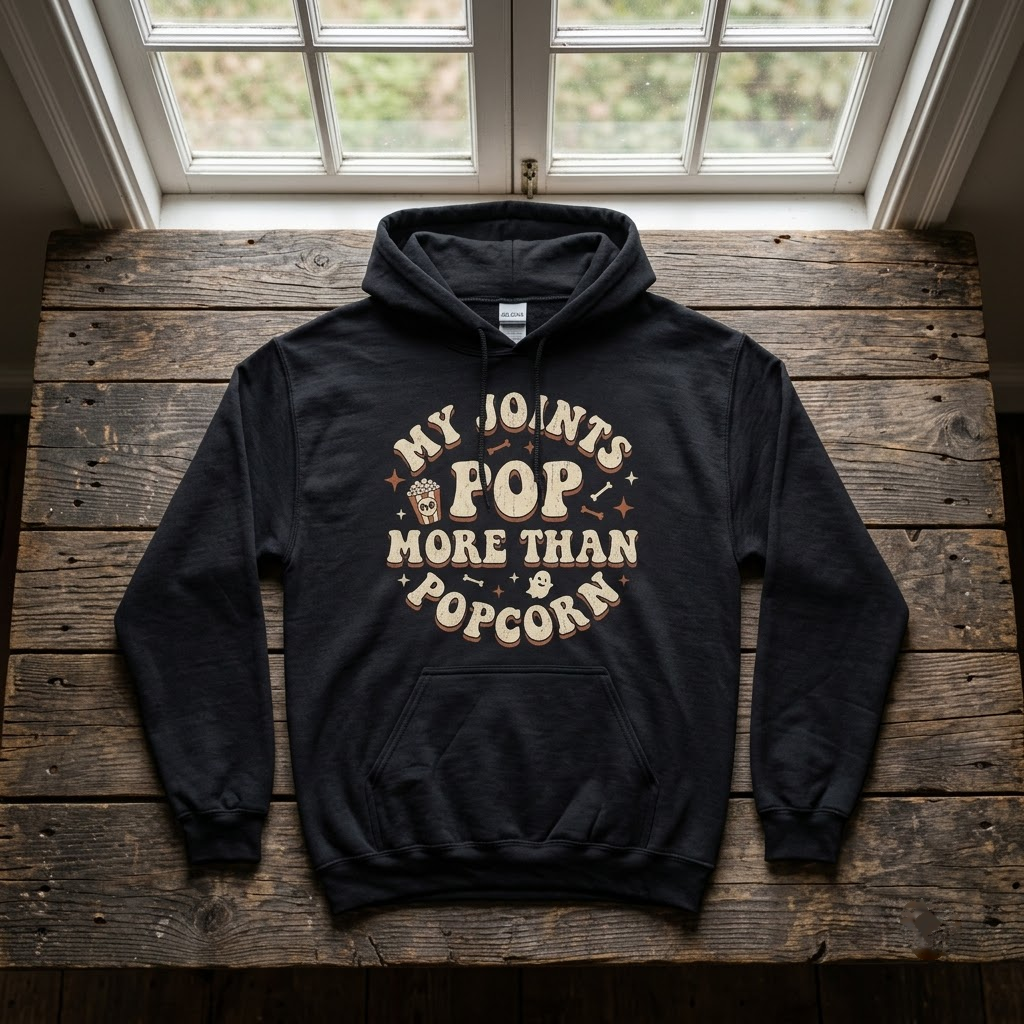 My Joints Pop More Than Popcorn Halloween Hoodie - Retro Funny Aging Skeleton Graphic Sweatshirt