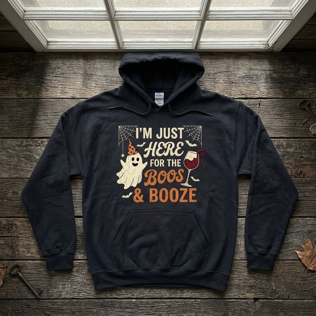 Here For The Boos And Booze Halloween Hoodie - Vintage Retro Wine Lover Party Graphic Sweatshirt