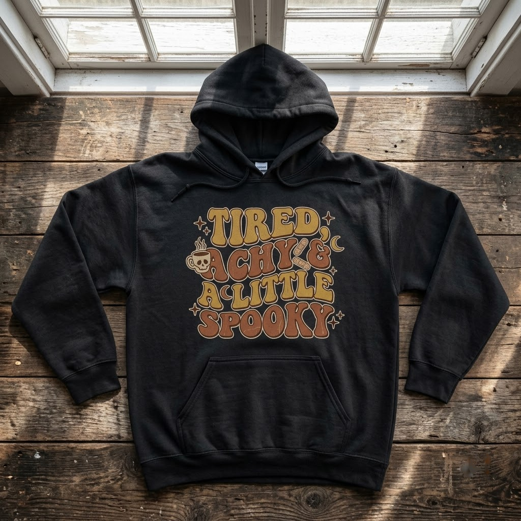 Tired Achy And A Little Spooky Halloween Hoodie - Retro 70s Wavy Fall Coffee Graphic Sweatshirt
