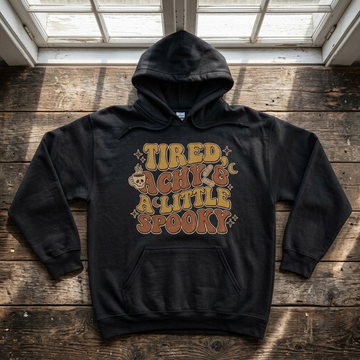 Tired Achy And A Little Spooky Halloween Hoodie - Retro 70s Wavy Fall Coffee Graphic Sweatshirt