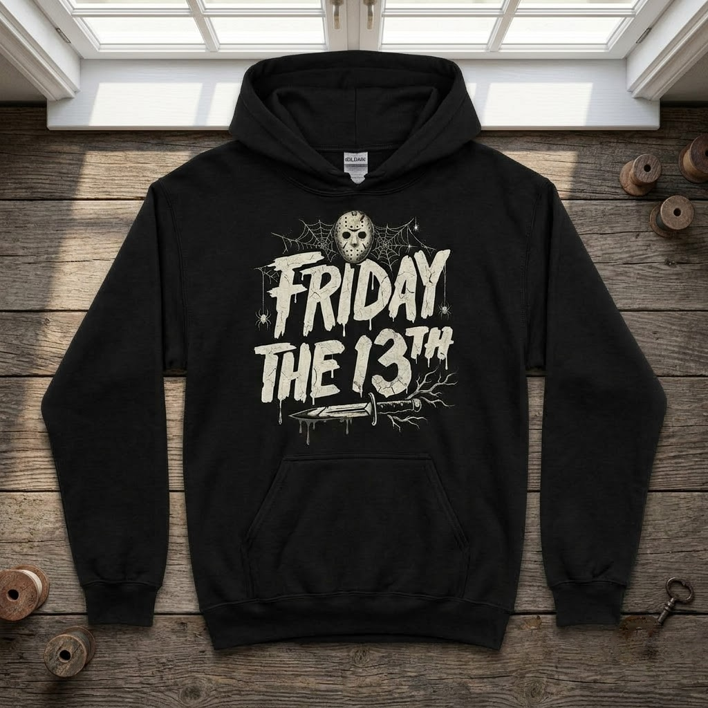 Friday The 13th Vintage Horror Typography Hoodie - Spooky Gothic Hockey Mask Graphic Sweatshirt