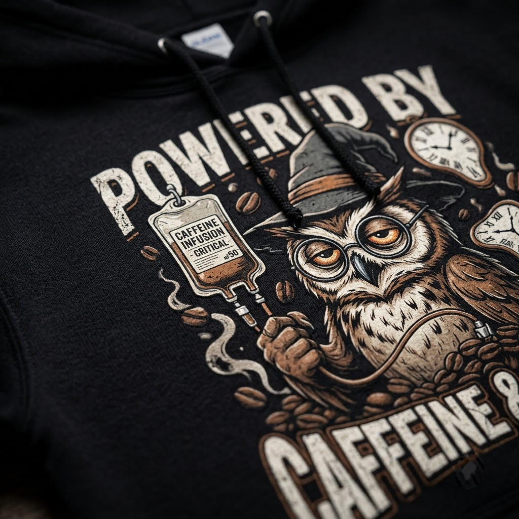 Powered By Caffeine And Panic Halloween Hoodie - Retro Night Owl Coffee Gothic Graphic Sweatshirt