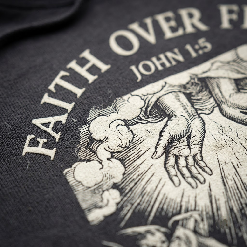 Faith Over Fear Jesus Halloween Hoodie - Medieval Dark Woodcut Christian Light Vs Demons Horror Graphic Sweatshirt