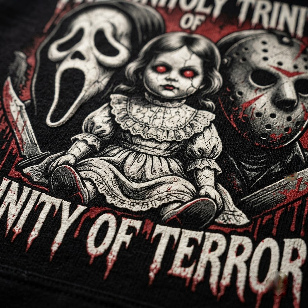 The Unholy Trinity Of Terror Ghostface Hockey Mask Haunted Doll Hoodie - 90s Retro Slasher Horror Graphic Sweatshirt