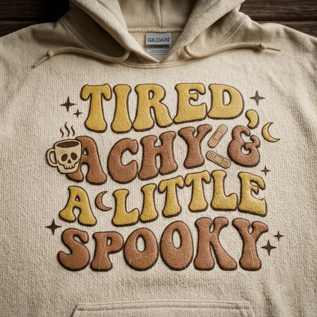 Tired Achy And A Little Spooky Halloween Hoodie - Retro 70s Wavy Fall Coffee Graphic Sweatshirt