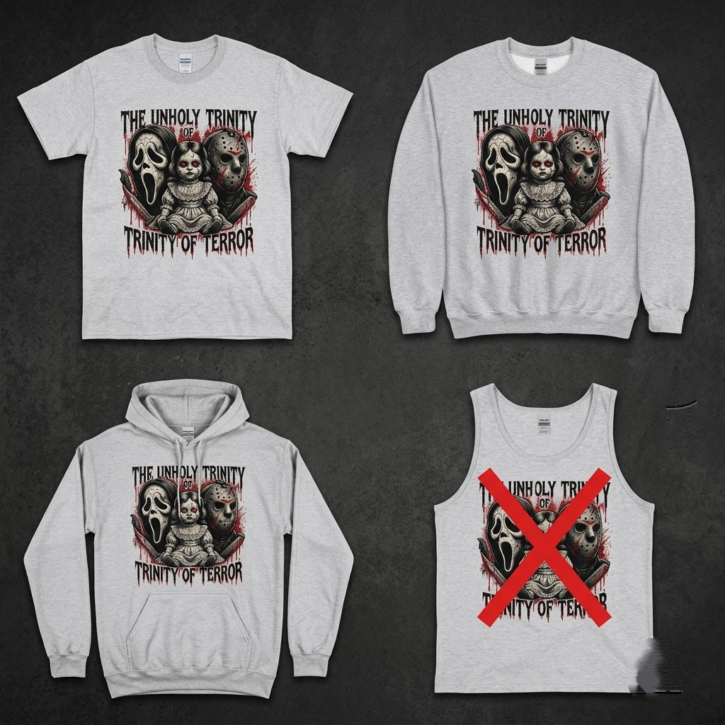 The Unholy Trinity Of Terror Ghostface Hockey Mask Haunted Doll Hoodie - 90s Retro Slasher Horror Graphic Sweatshirt