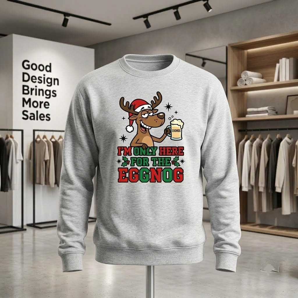 Funny I'm Only Here For The Eggnog Shirt, Reindeer Christmas Sweatshirt, Holiday Party Drinking Hoodie