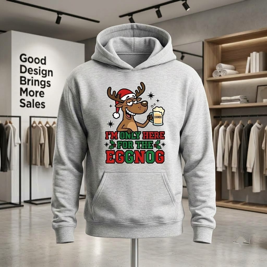 Funny I'm Only Here For The Eggnog Shirt, Reindeer Christmas Sweatshirt, Holiday Party Drinking Hoodie