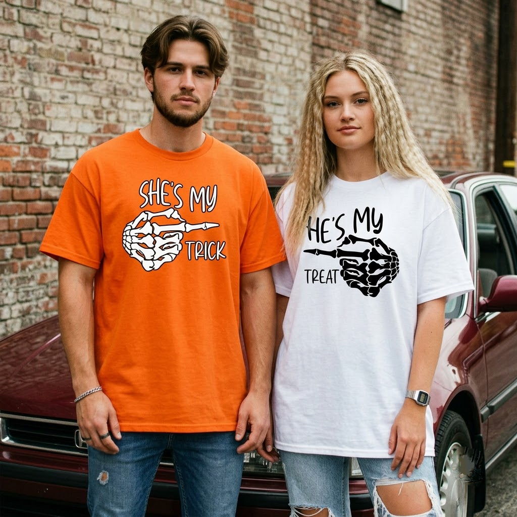 She's My Trick He's My Treat Skeleton Hands - Matching Couples Funny Halloween T-Shirt, Sweatshirt, Hoodie