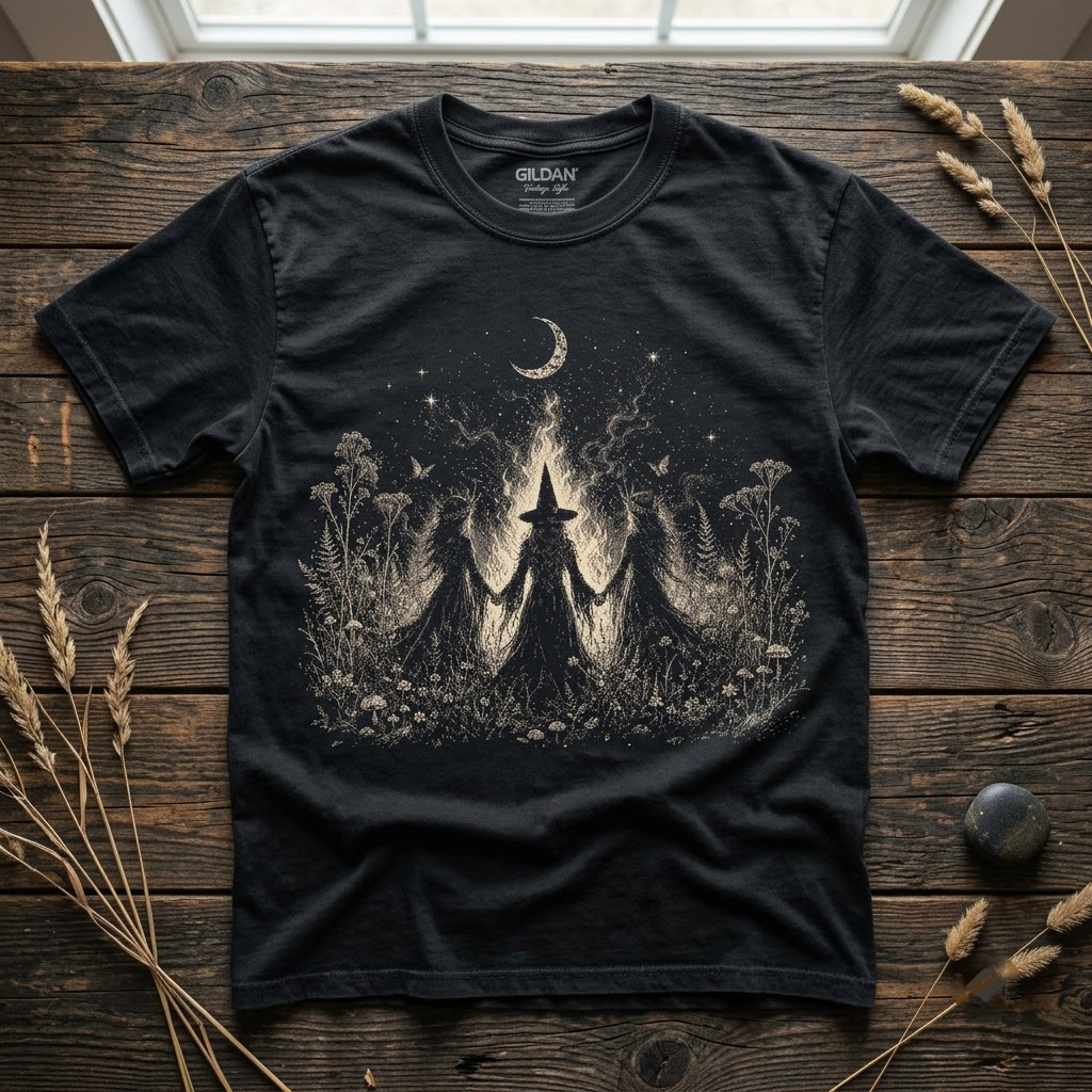 Mystical Witch Coven Dancing Under The Moon - Botanical Cottagecore T-Shirt, Sweatshirt, Hoodie