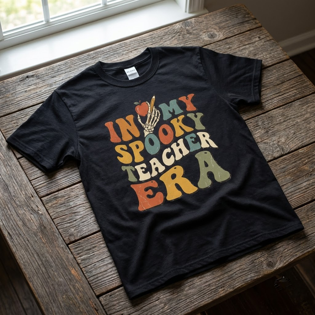 In My Spooky Teacher Era Shirt, Retro Halloween Skeleton School T-Shirt, Sweatshirt, Hoodie