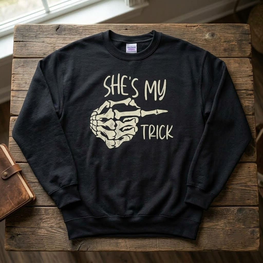 She's My Trick He's My Treat Skeleton Hands - Matching Couples Funny Halloween T-Shirt, Sweatshirt, Hoodie
