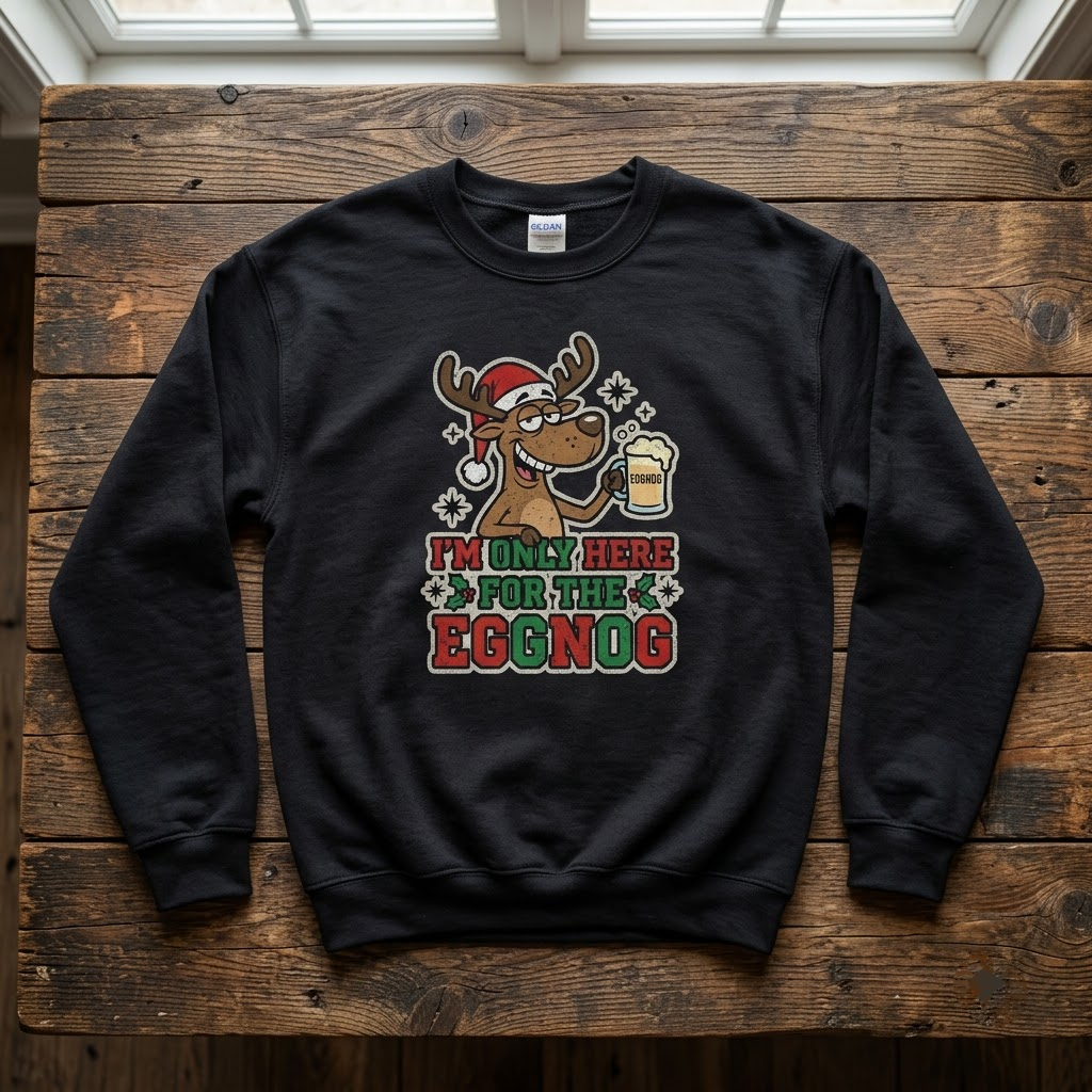 Funny I'm Only Here For The Eggnog Shirt, Reindeer Christmas Sweatshirt, Holiday Party Drinking Hoodie