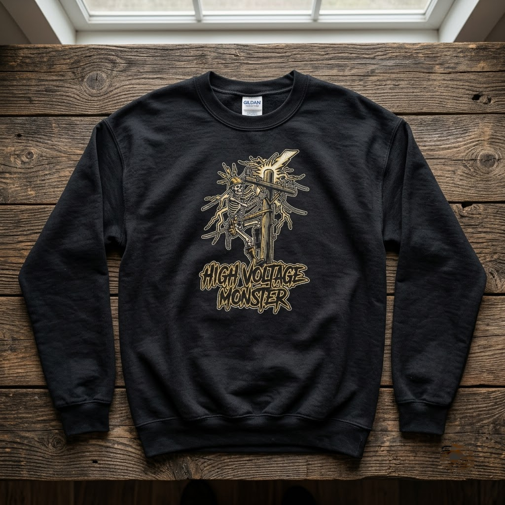 High Voltage Monster Shirt, Lineman Skeleton Electrician Halloween T-Shirt, Sweatshirt, Hoodie