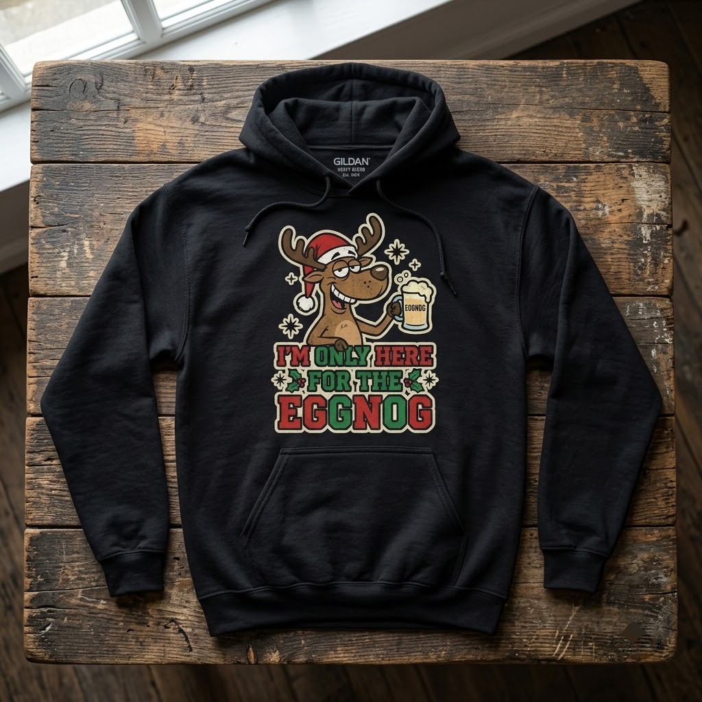 Funny I'm Only Here For The Eggnog Shirt, Reindeer Christmas Sweatshirt, Holiday Party Drinking Hoodie